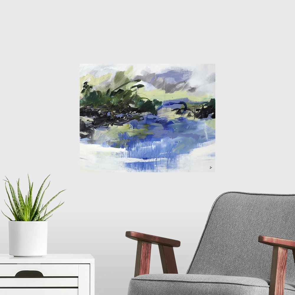 A modern room featuring An abstract landscape of a lake surrounded by trees.