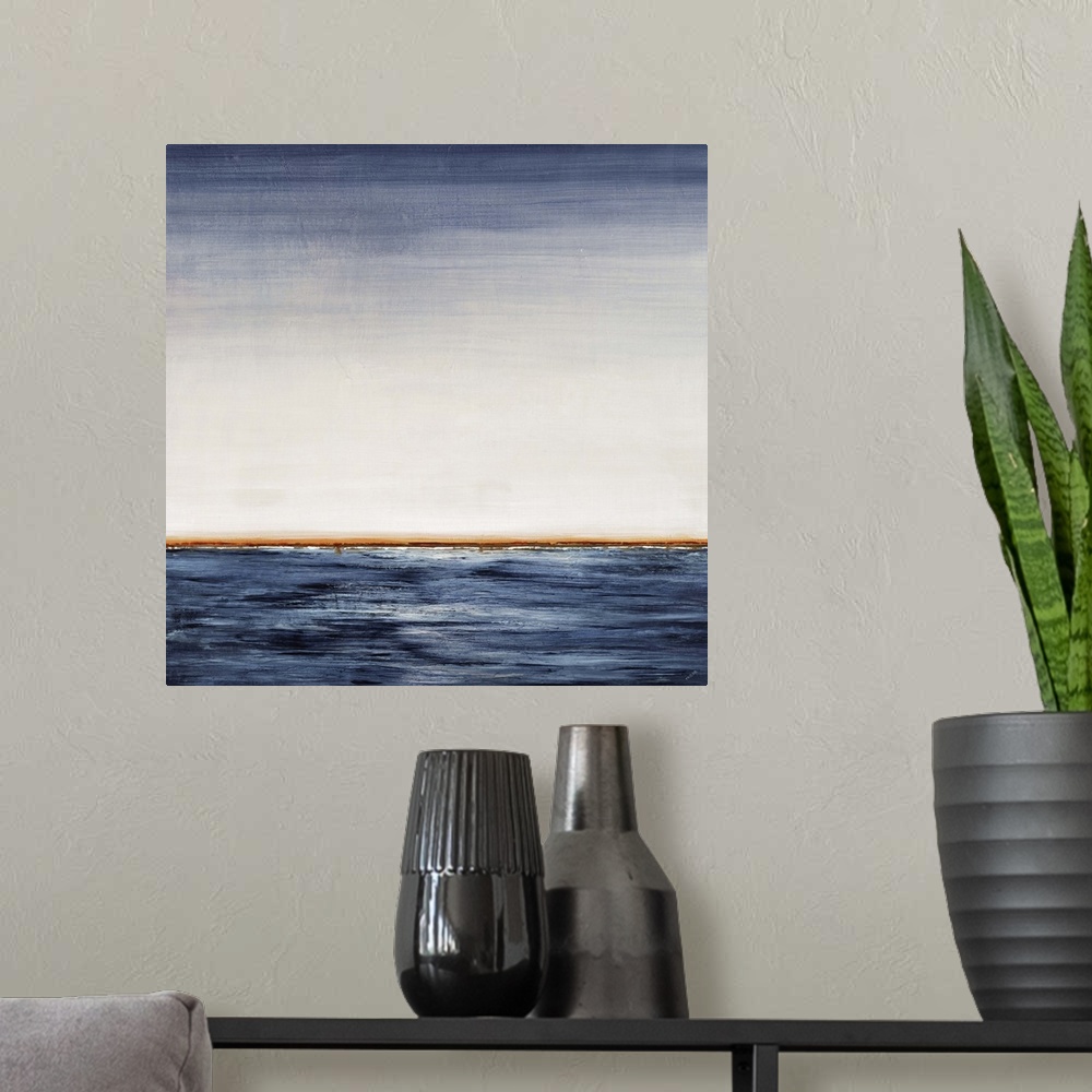 A modern room featuring Contemporary abstract painting of a seascape.