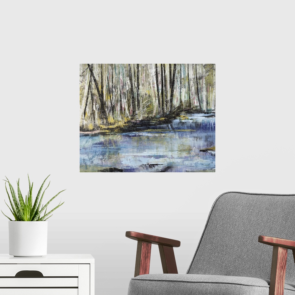 A modern room featuring Horizontal painting of a river flowing through a forest.