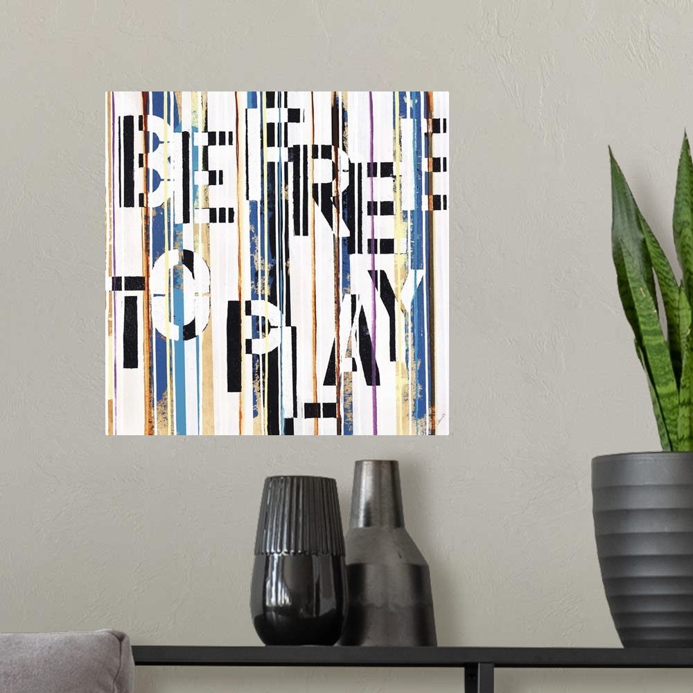 A modern room featuring Contemporary artwork with the text "be free to play" hidden in vertical stripes.