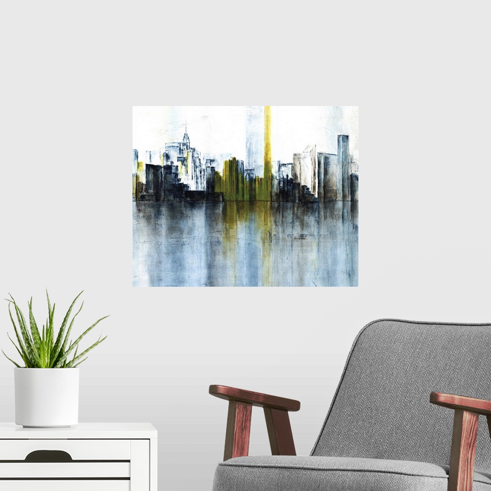 A modern room featuring Contemporary abstract painting using dark colors to convey a city skyline.