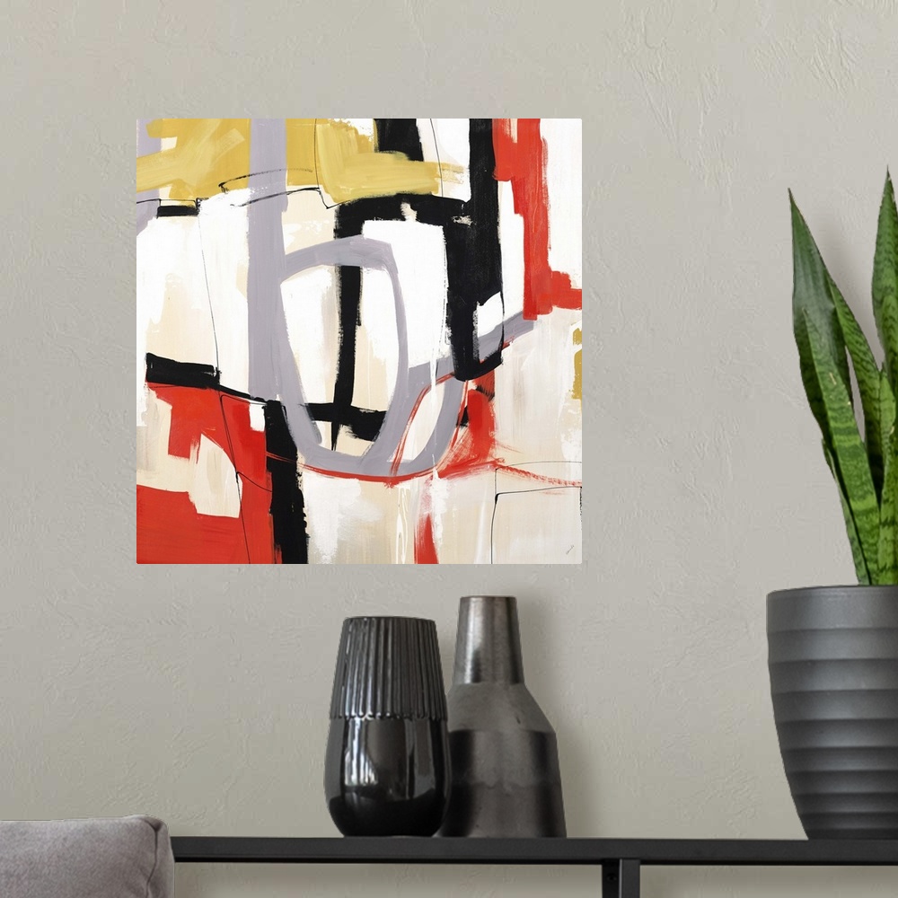 A modern room featuring Contemporary abstract painting using bold lines and distinct color.