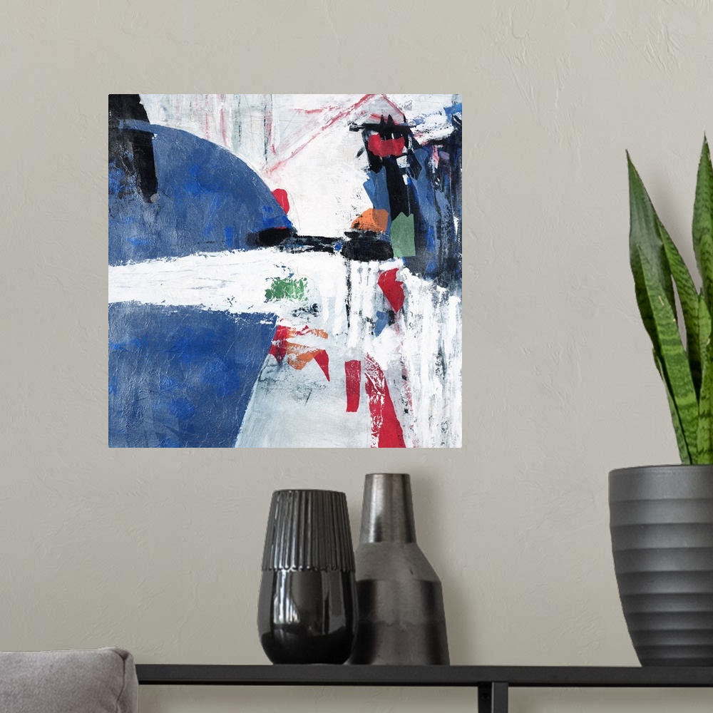 A modern room featuring Contemporary abstract painting using muted tones of blue red gray and sharp contrasts of white.