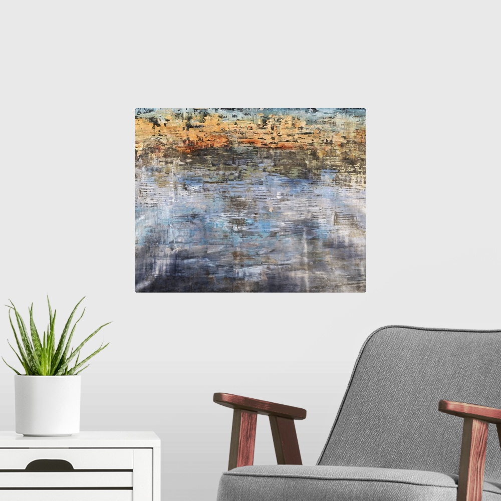 A modern room featuring Contemporary abstract painting using dark colors and decayed looking textures.