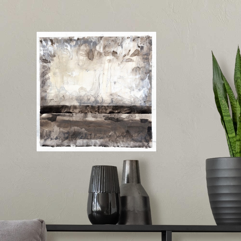 A modern room featuring Smoky, neutral abstract painting with a white boarder and a thick black line moving horizontally ...