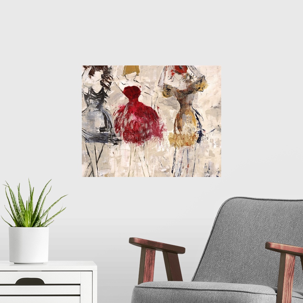 A modern room featuring Contemporary painting of three female figures wearing colorful dresses.