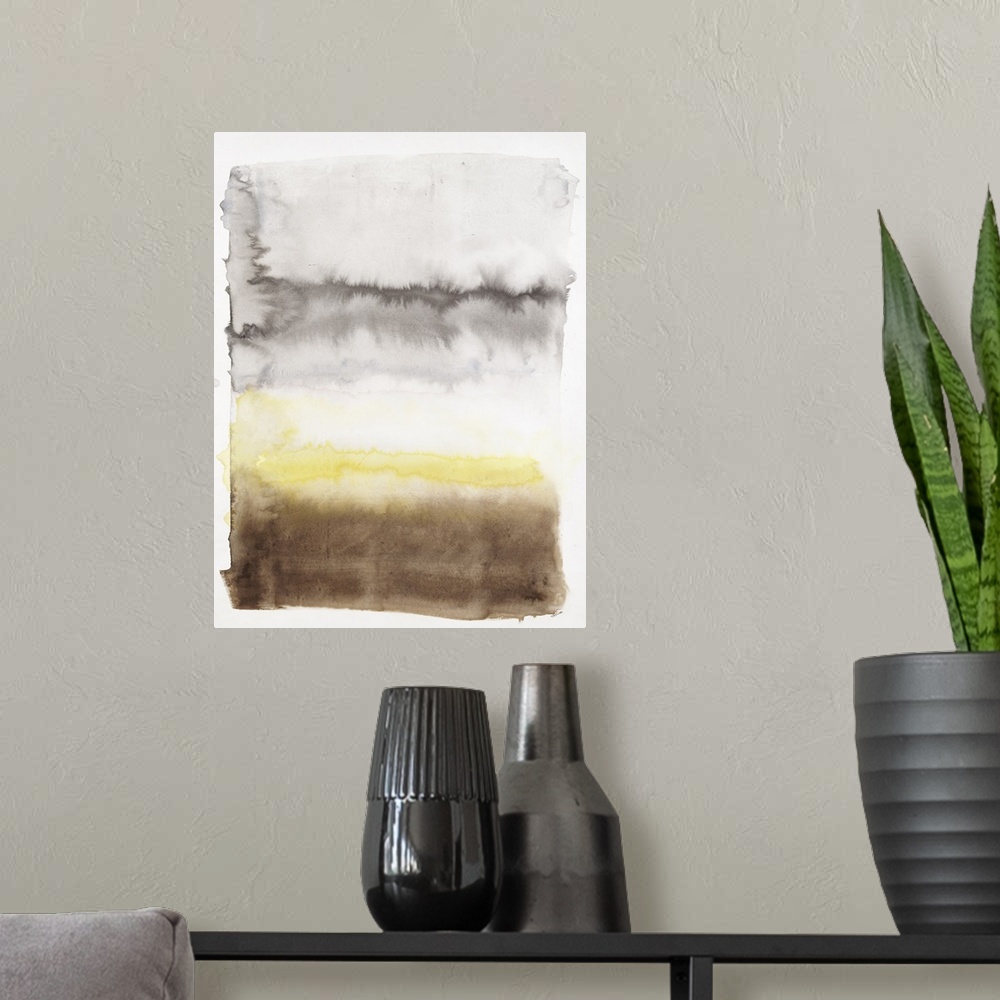 A modern room featuring Contemporary watercolor painting of horizontal blending brush strokes of brown, yellow and gray.