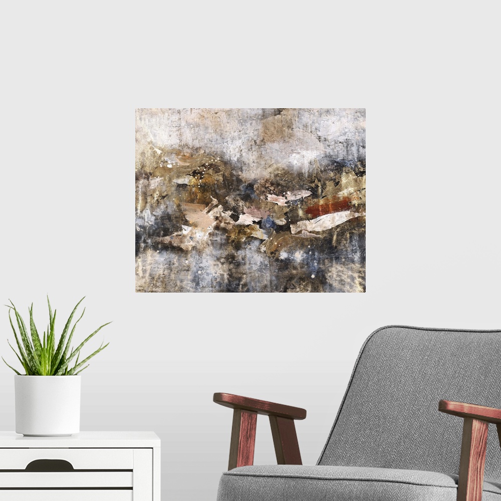 A modern room featuring Contemporary abstract painting using weathered and decayed textures and dark colors.