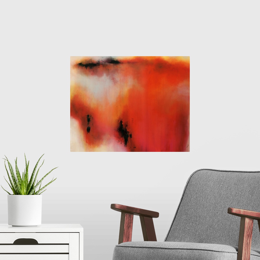 A modern room featuring Landscape, abstract painting of a large, misshapen splotchy area in fiery tones, with several sma...