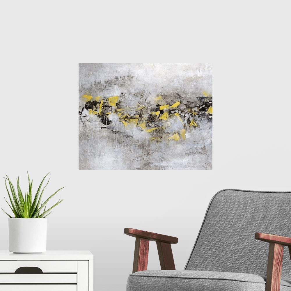 A modern room featuring Contemporary abstract painting using neutral gray tones with a horizontal movement of color in a ...