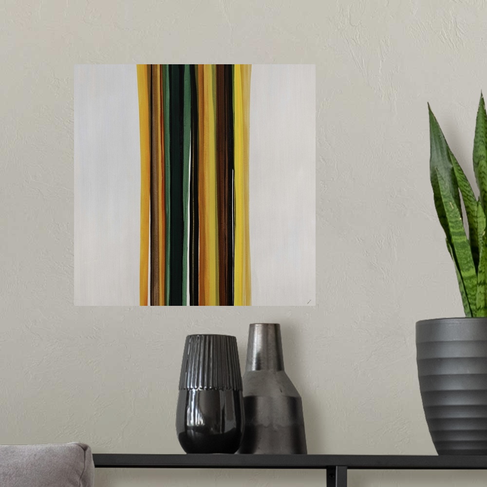 A modern room featuring Modern art of a cluster of vertical multicolored stripes that are side by side on a light, neutra...