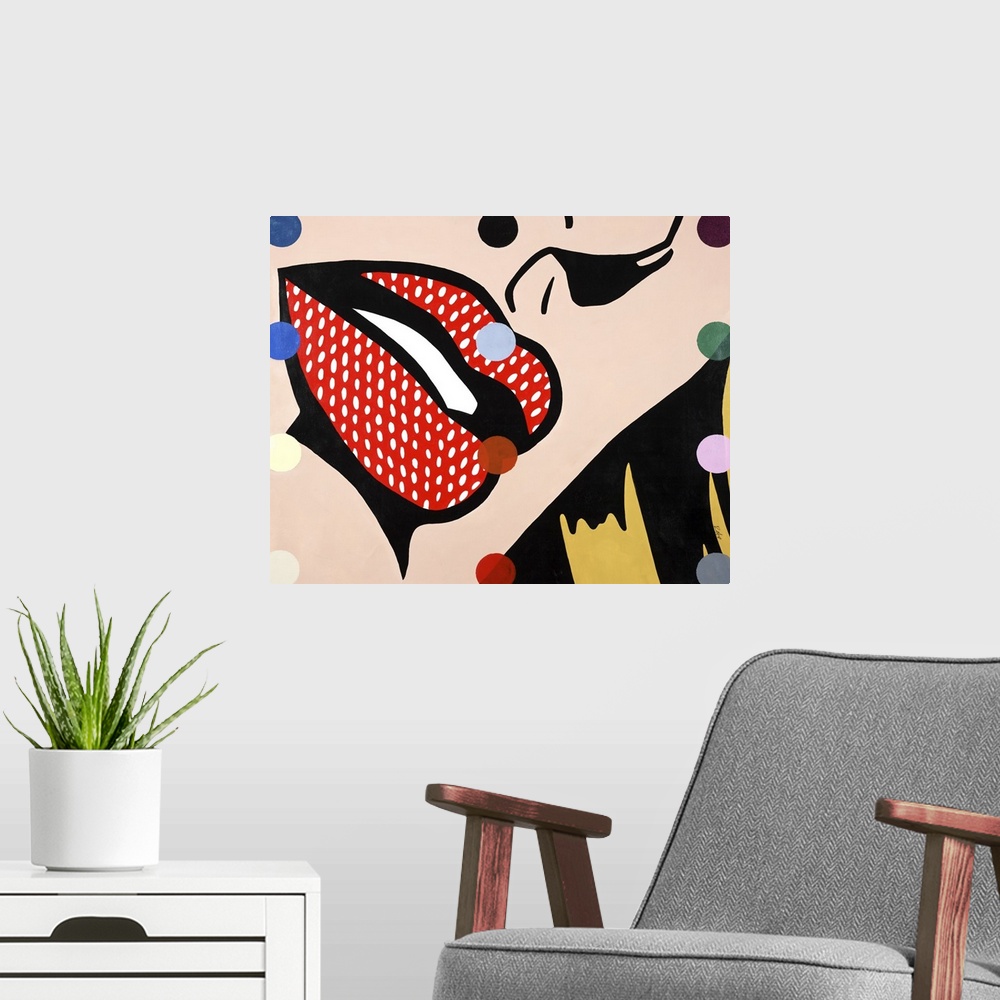 A modern room featuring Pop art style painting with a close up of a woman's face highlighting her red lips, with white do...