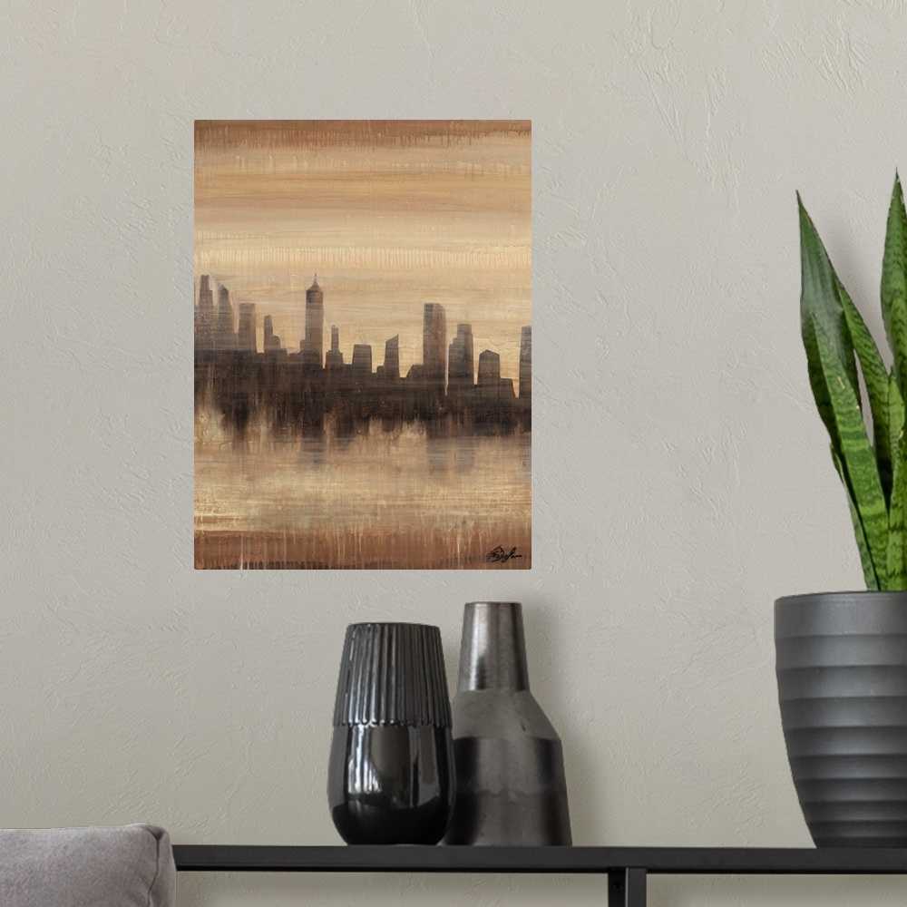 A modern room featuring Contemporary painting of a city skyline silhouette casting a faded reflection.