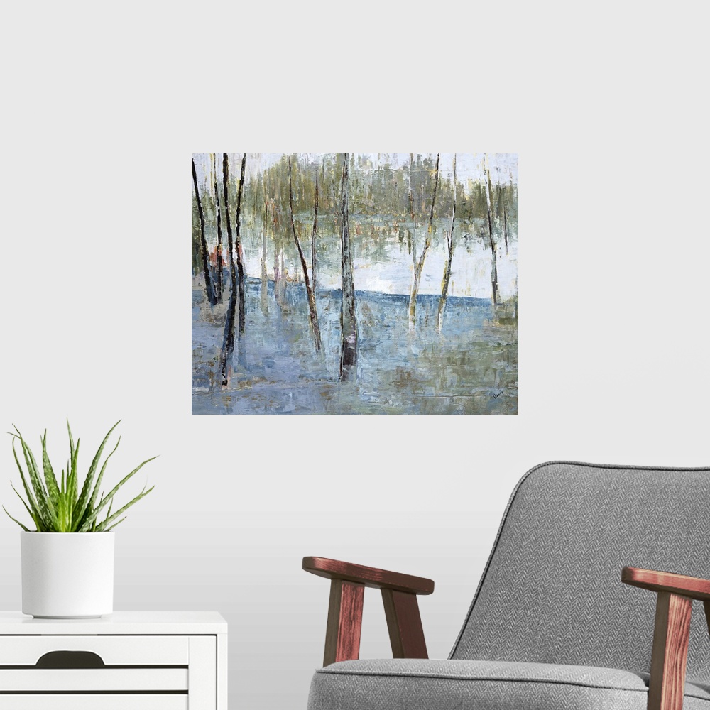 A modern room featuring Horizontal contemporary painting of a forest of trees.
