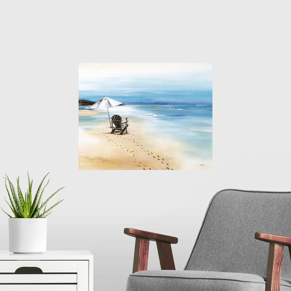 A modern room featuring Contemporary painting of a relaxing beach scene with an empty chair holding a cocktail and a whit...