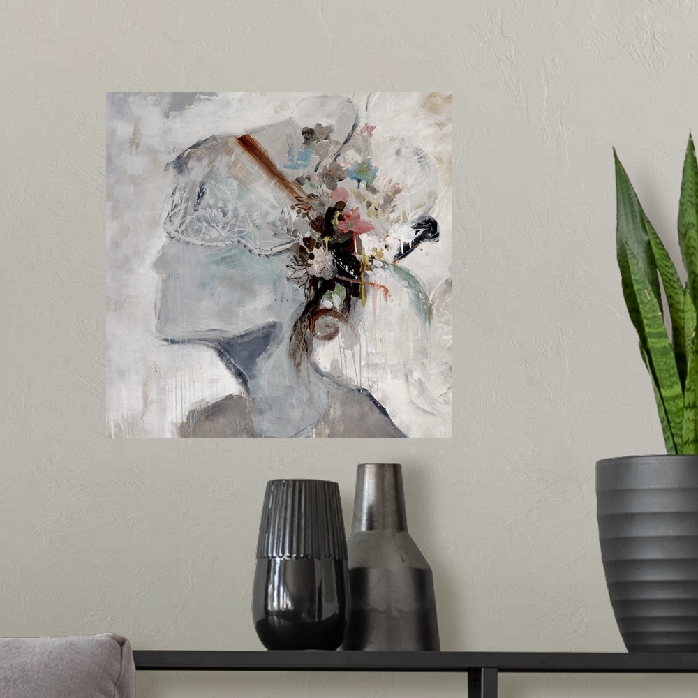 A modern room featuring Square painting on canvas of a woman wearing a decorative hat on her head seen from the shoulders...