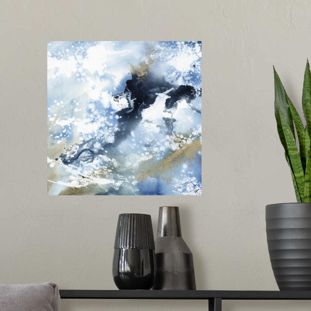 A modern room featuring Abstract contemporary painting in blue and brown tones, resembling a cloudy sky.