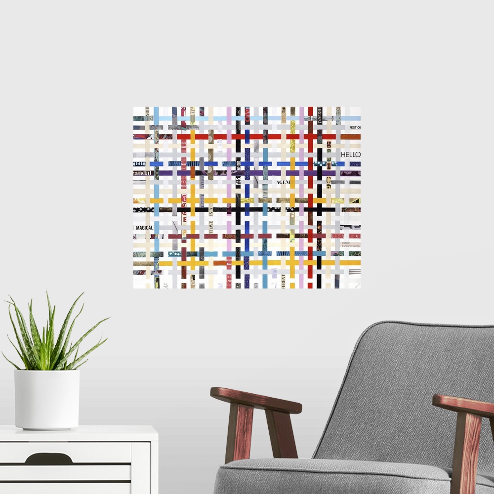 A modern room featuring Mix media artwork of weaving stripes of color and images.