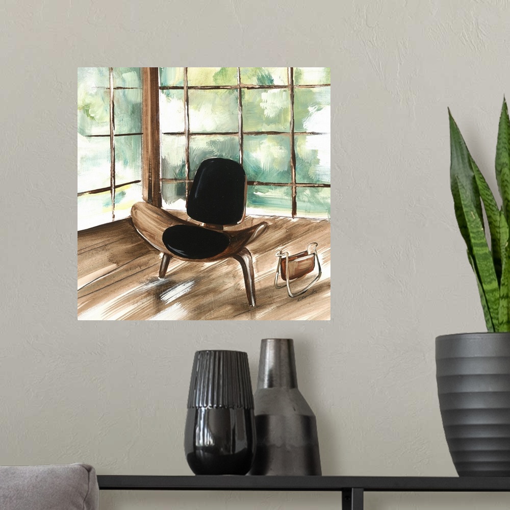 A modern room featuring Contemporary artwork of a stylish chair in a home with mid century decor.