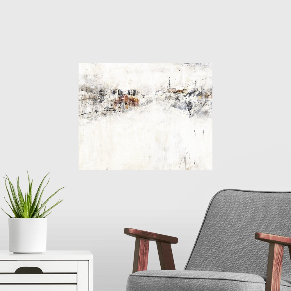 A modern room featuring Contemporary painting of textured lines and brush strokes going horizontal on the image in natura...