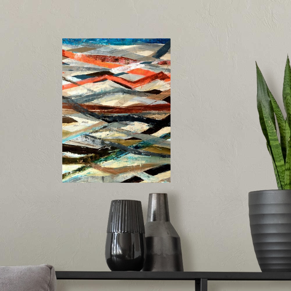 A modern room featuring Portrait, abstract painting of horizontal and zig zag lines in numerous colors.  Painted with thi...