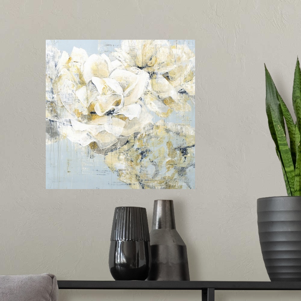 A modern room featuring Square painting of white roses with gold and silver highlights with an antique feel on a pale blu...