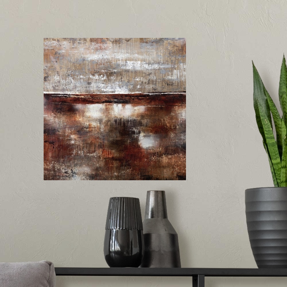 A modern room featuring Contemporary abstract painting using dark brown earthy tones.