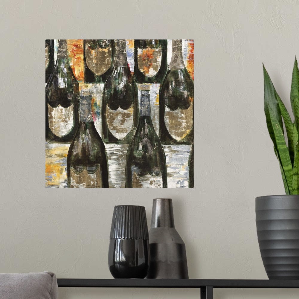 A modern room featuring Contemporary painting of champagne bottles lined up in rows.