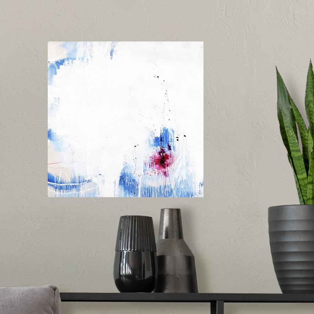 A modern room featuring A contemporary abstract painting of a vibrant blue and red against a white background.