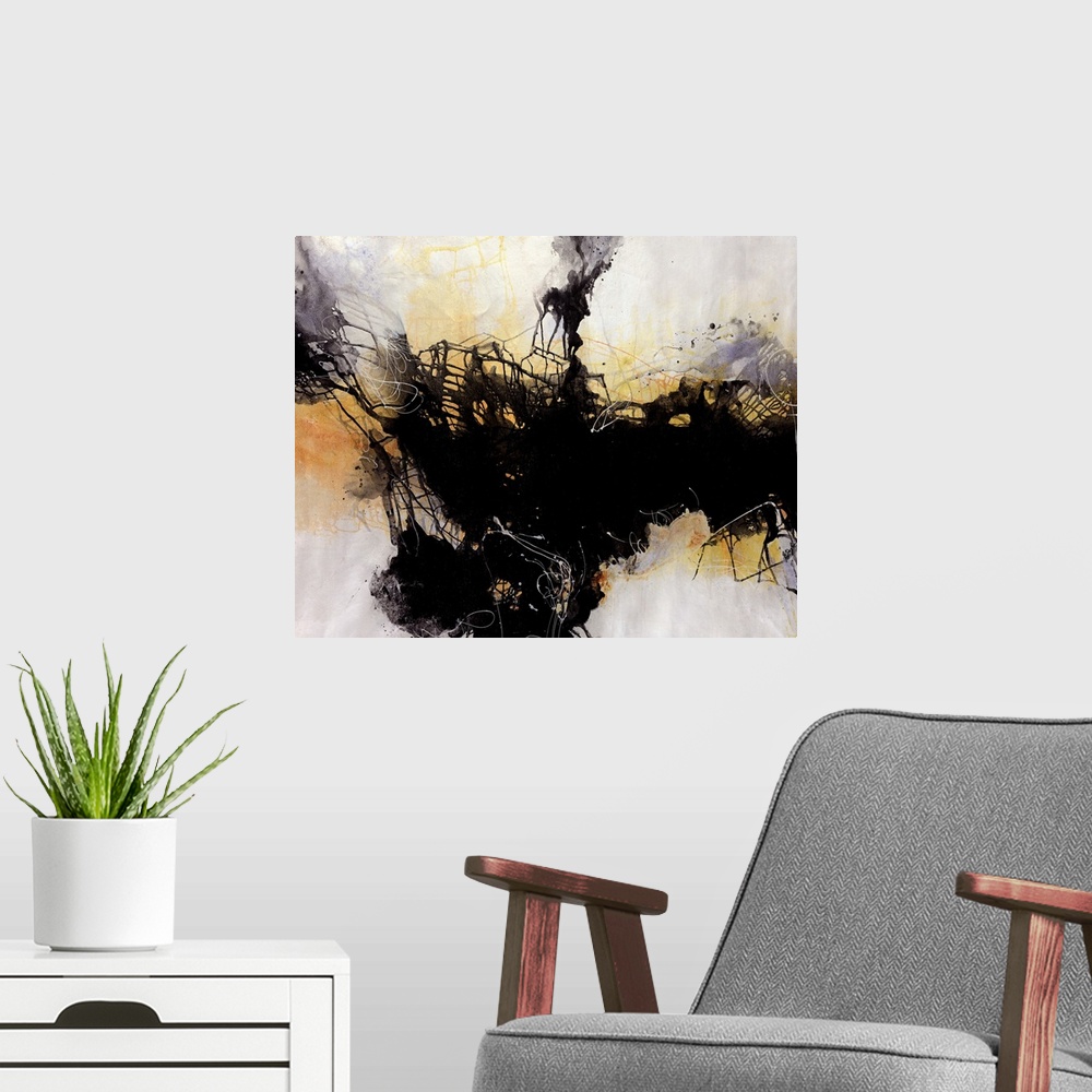 A modern room featuring Contemporary abstract artwork featuring splatters and drips of paint intersecting between light a...