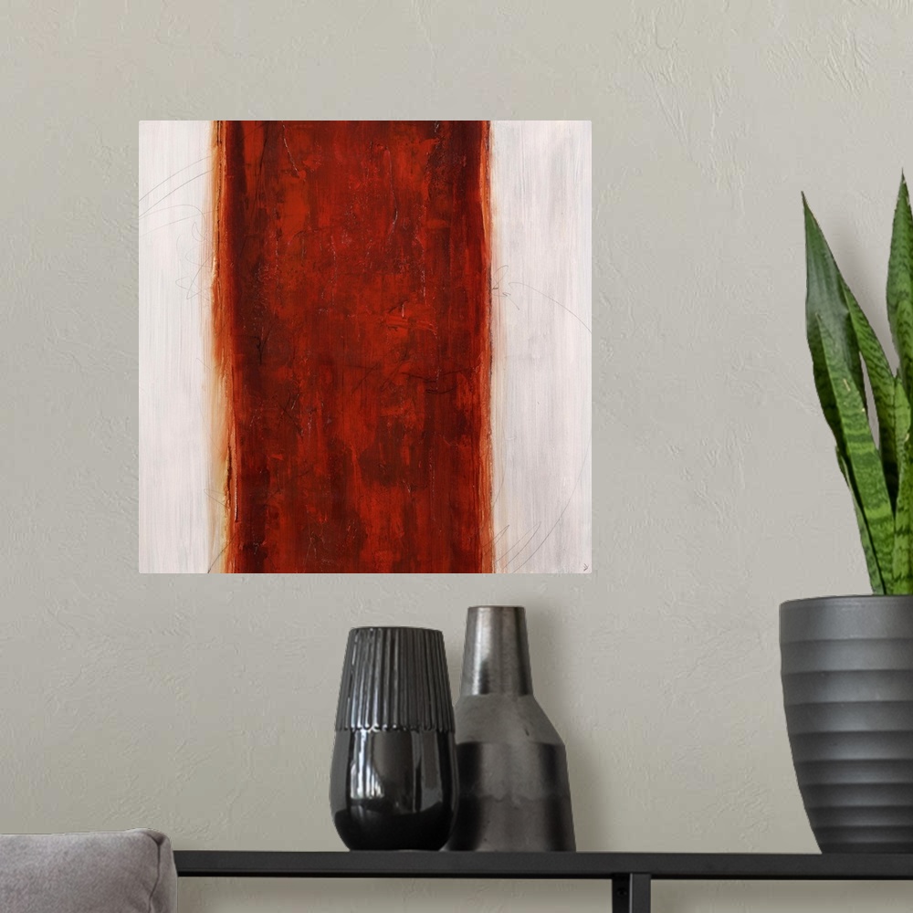 A modern room featuring Abstract painting using white stripes on the left and right sides of the image, with a red stripe...