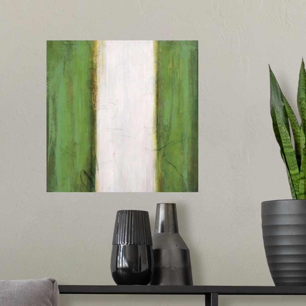 A modern room featuring Abstract painting using green stripes on the left and right sides of the image, with a white stri...