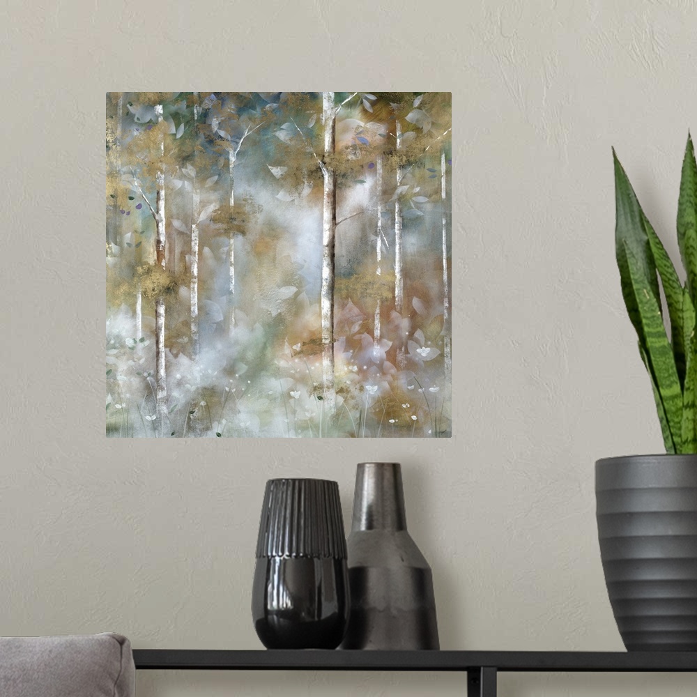 A modern room featuring A square contemporary painting of a forest cover in a mist with an overlay of white leaves.
