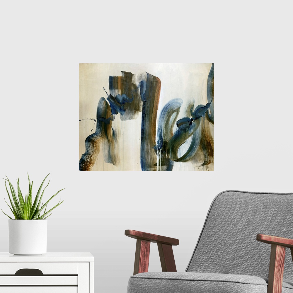 A modern room featuring Big, horizontal artwork for a living room or office of a wide brush stroke that swirls in various...