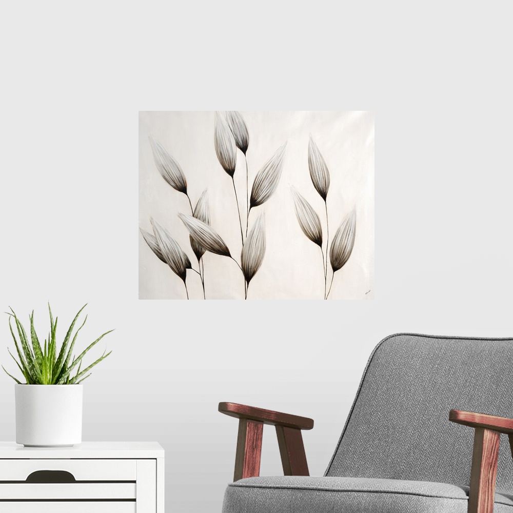 A modern room featuring Contemporary painting of wheat stalks in neutral monotone.