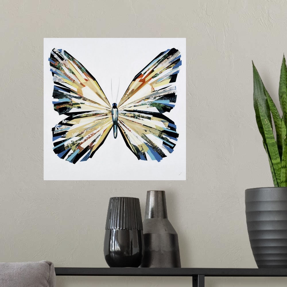 A modern room featuring Colorful painting of a butterfly done in a collage style.
