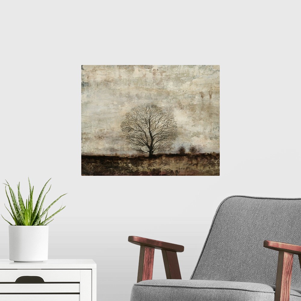 A modern room featuring Contemporary abstract painting of branched tree silhouette.