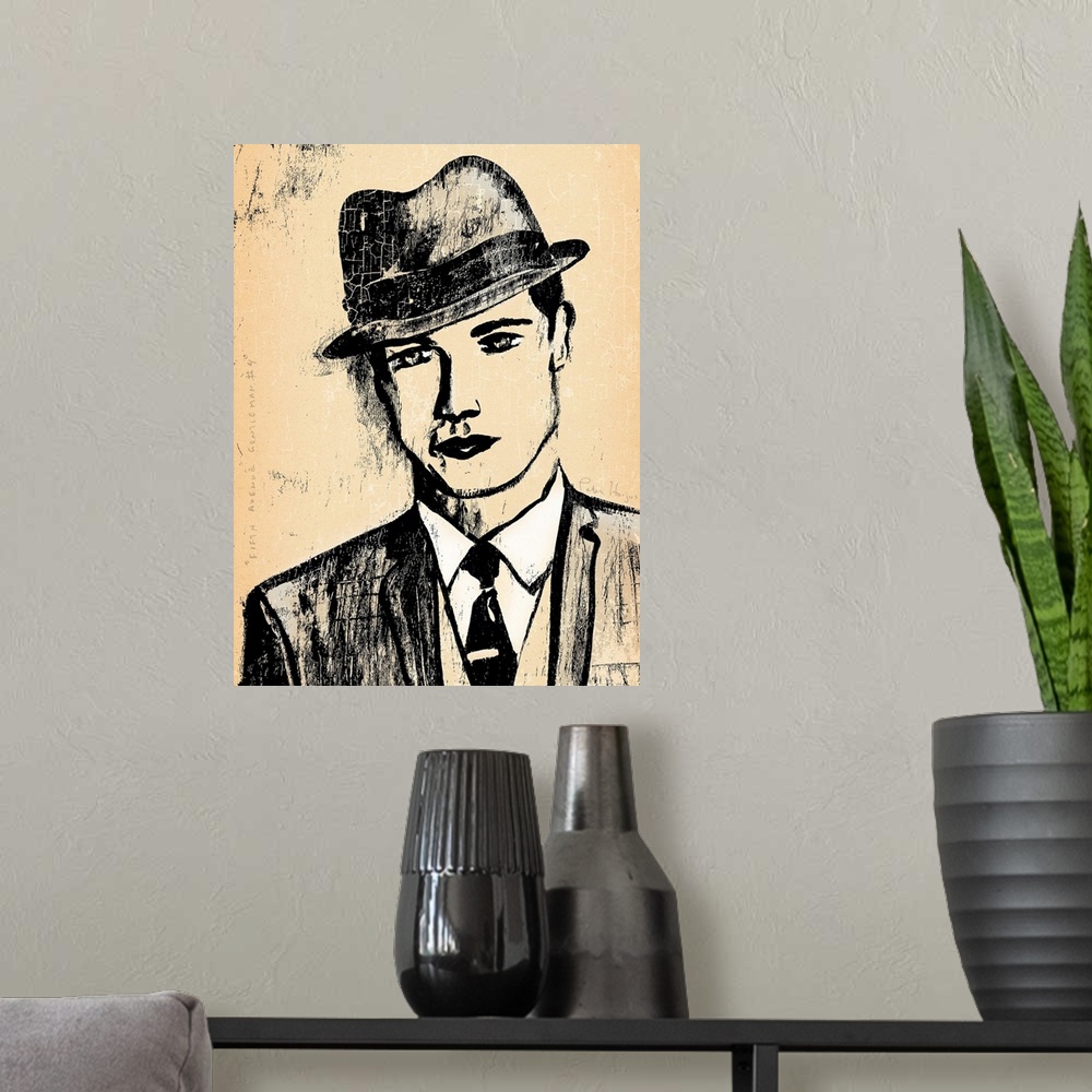 A modern room featuring 1940's vintage wall art black ink brush illustration on sepia background of a dapper gangster man...