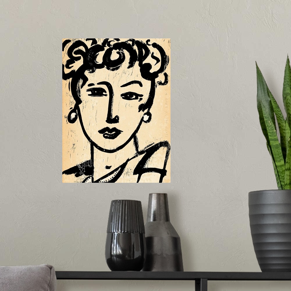 A modern room featuring 1940's vintage wall art black ink brush illustration on sepia background of the head and shoulder...