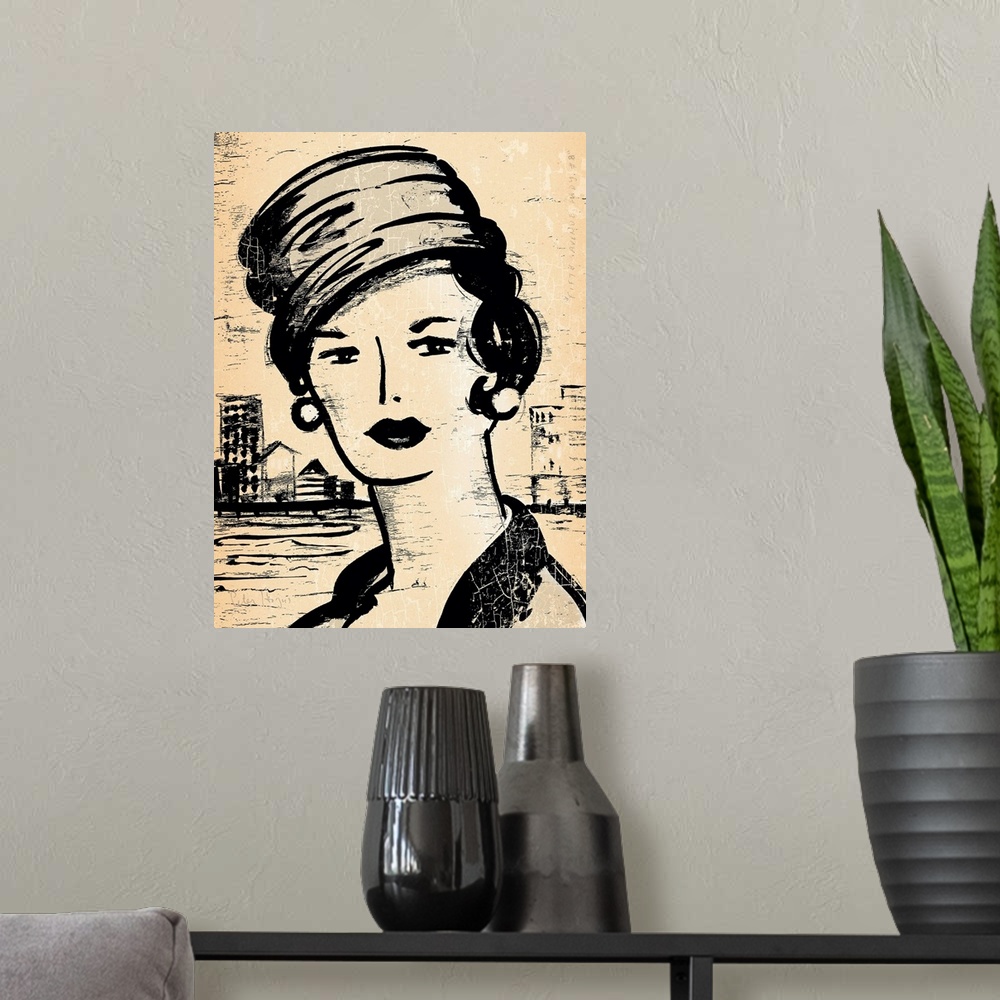 A modern room featuring 1940's vintage wall art black ink brush illustration on sepia background of the head and shoulder...