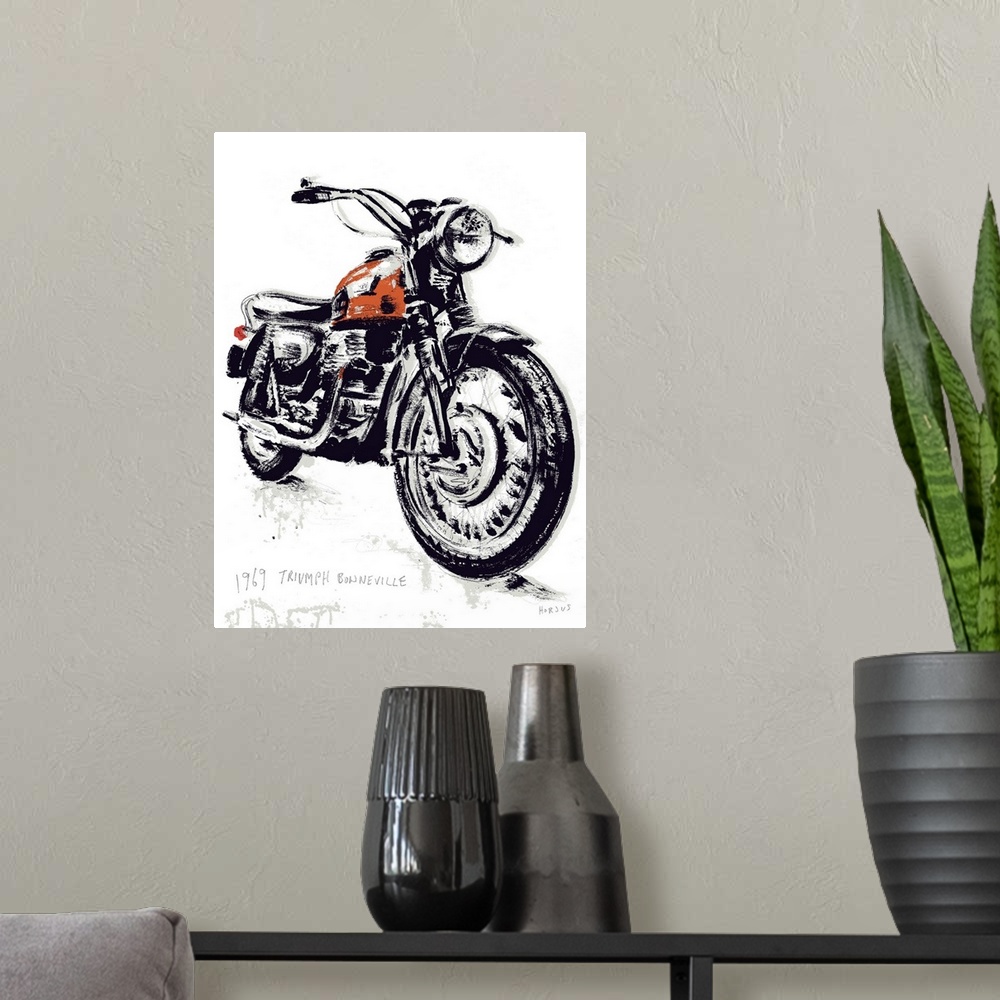 A modern room featuring Ink brush artwork illustration of a vintage classic motorcycle.