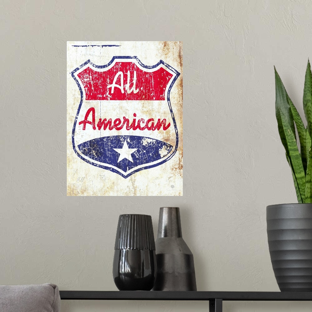 A modern room featuring A red, white and blue crest or shield with the words All American on an old aged, distressed, and...
