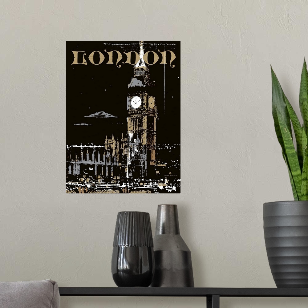 A modern room featuring Big Ben in London at night with the city aglow and vibrant with the typography London placed at t...