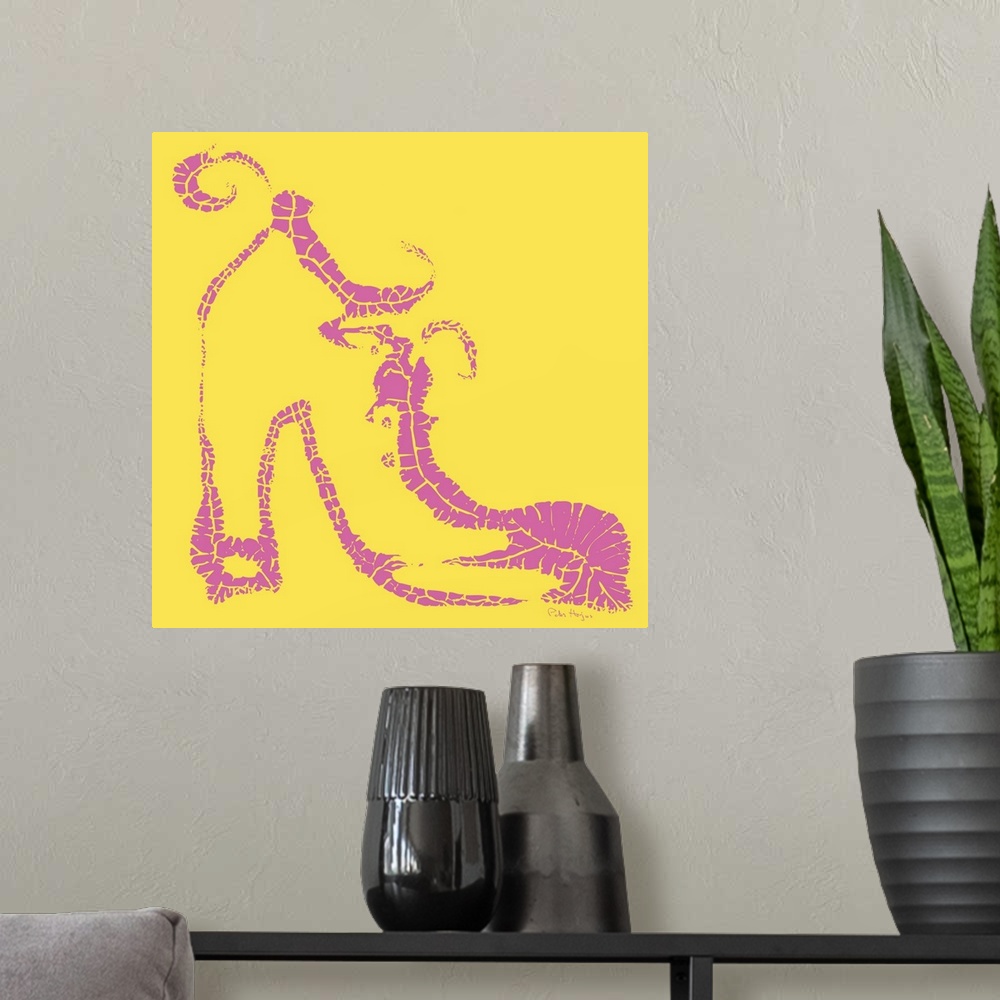 A modern room featuring A bold graphic of a simple pink fashionable shoe on a yellow background.