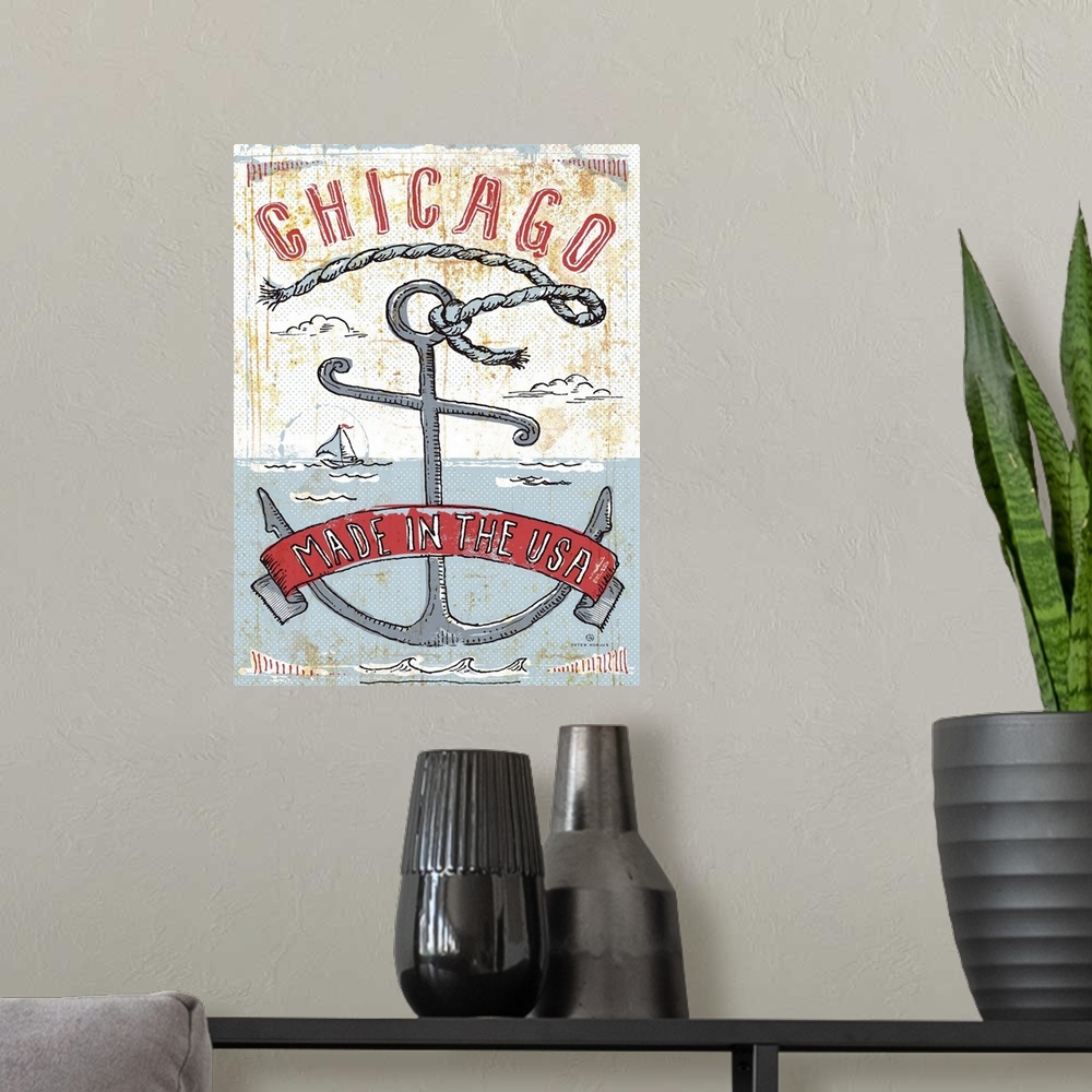 A modern room featuring Illustrated vintage, worn, and rusty artwork of Chicago's seaport harbor, with an anchor and a ri...