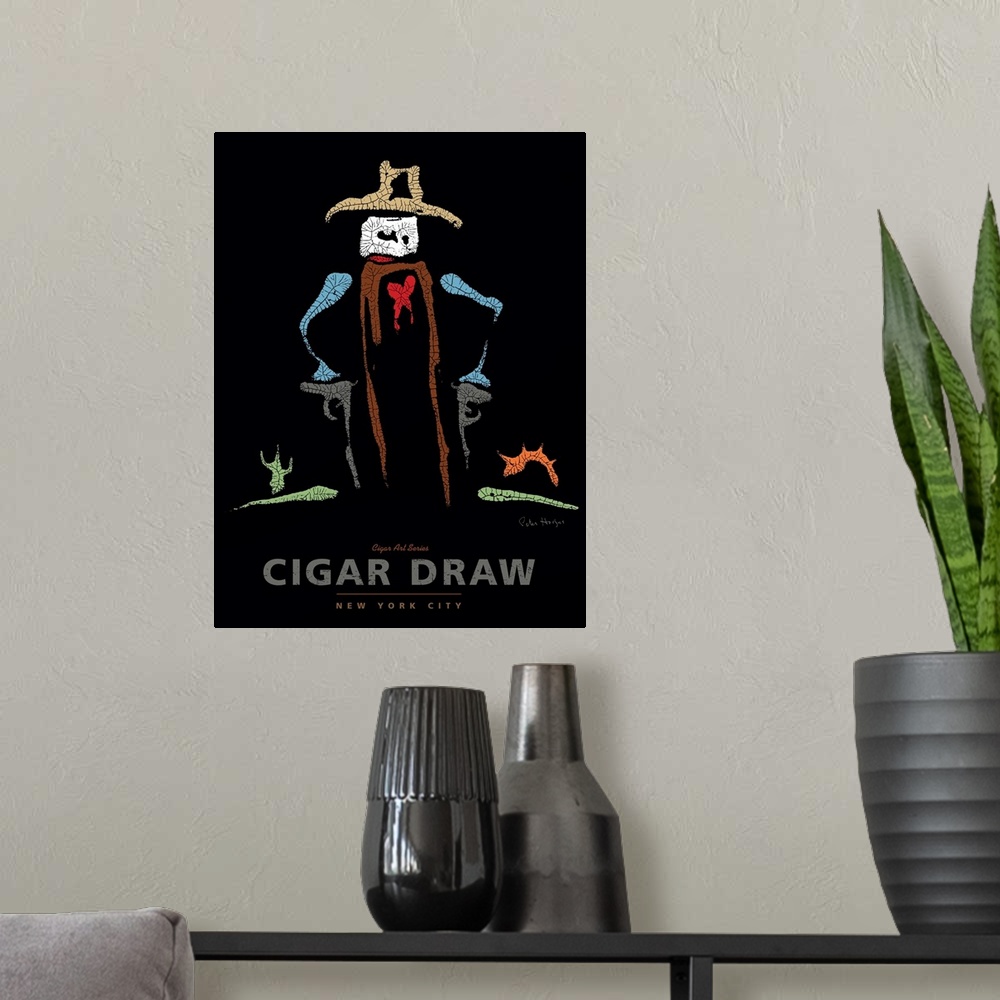 A modern room featuring Wall art cigar poster of a cigar dressed as a cowboy with two guns, cowboy hat, in a desert setti...