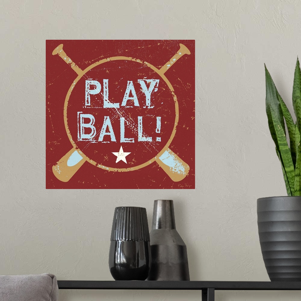 A modern room featuring Distressed retro logo image of two crossed baseball bats.