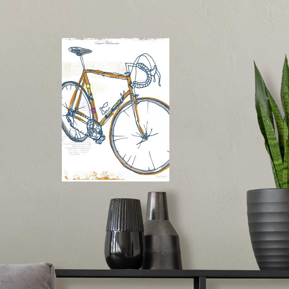A modern room featuring A graphic illustration of Eddy Merckx's road bike with Eddy Merckx logos and graphics.