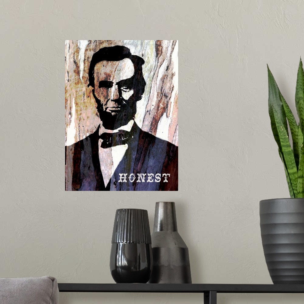 A modern room featuring Graphic portrait of President Abe Lincoln with the word Honest on his chest and a tree trunk bark...