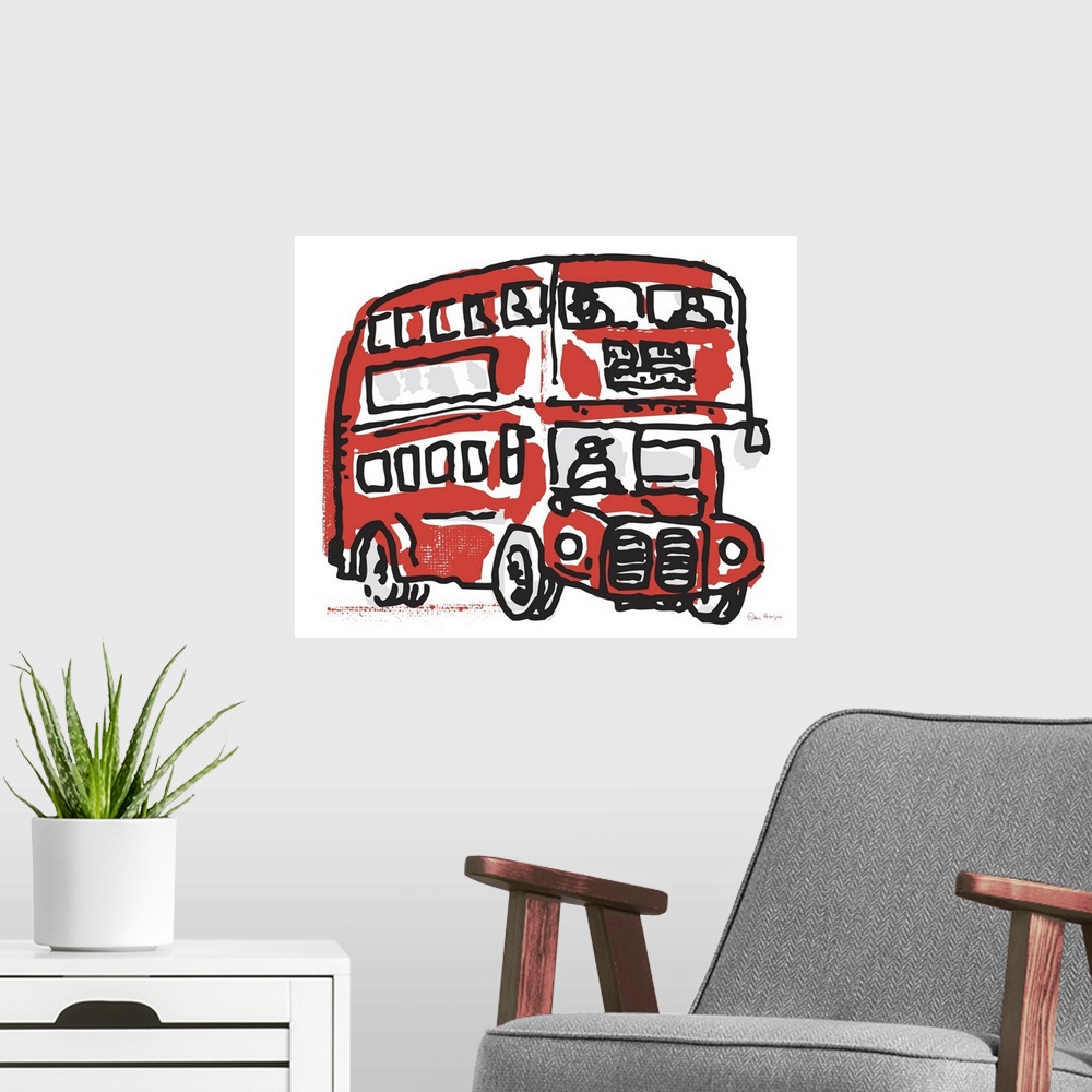A modern room featuring A simple pen and ink line drawing of an old red London double decker bus.